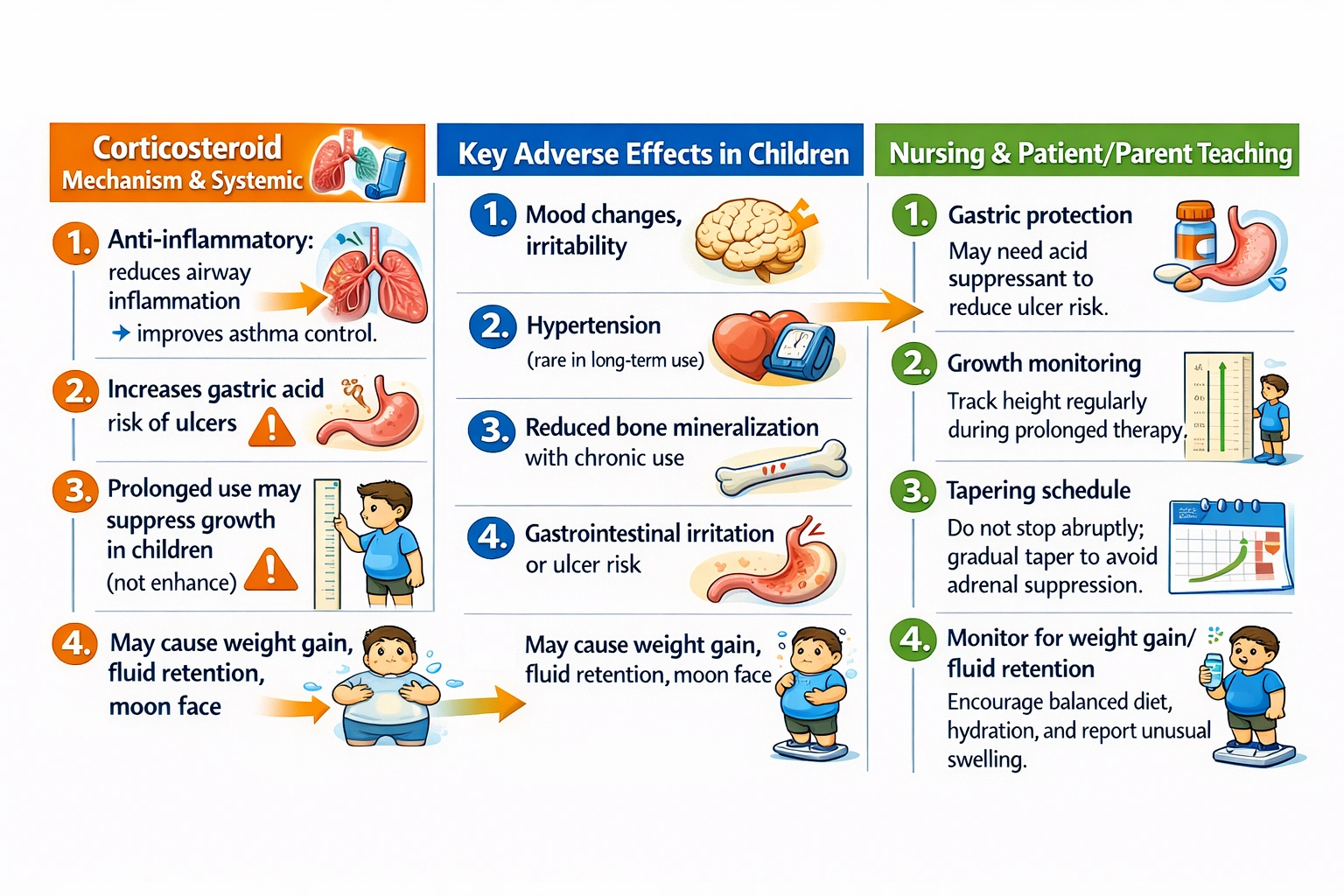 The nurse is doing discharge teaching with the parent of an asthmatic child who will be going home on steroids. Which of these comments by the parent would indicate accurate understanding of discharge teaching these medications?