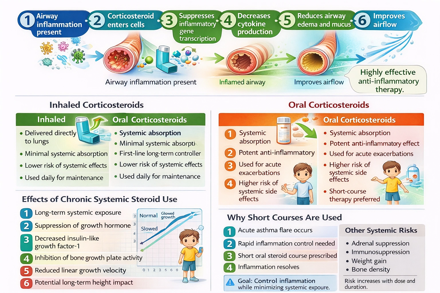 The parents of a child with asthma ask the nurse why their child cannot use oral corticosteroids more often because they are so effective. What is the correct response by the nurse?