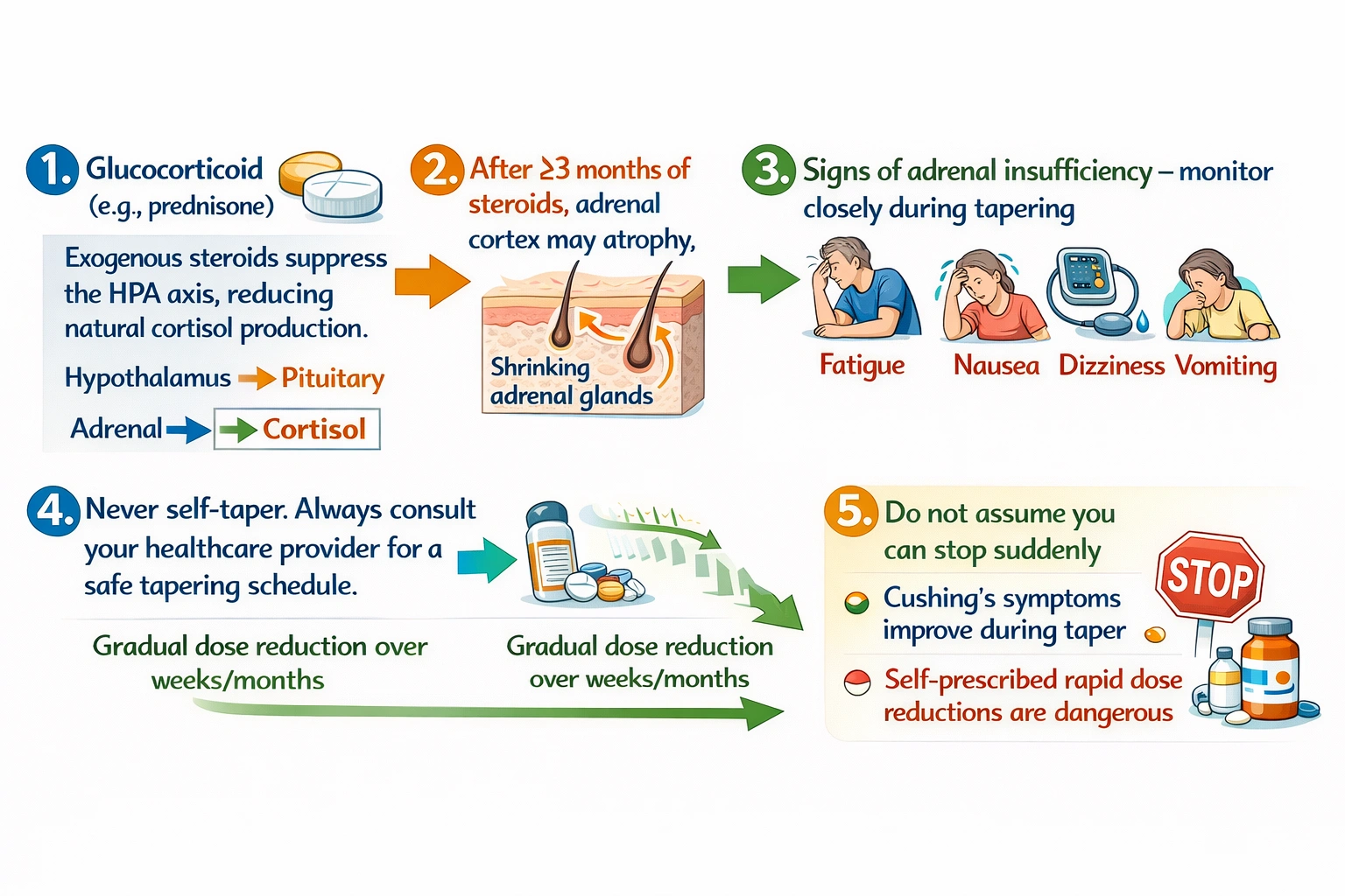 A nurse is talking to the client who wants to stop taking glucocorticoids after taking them for 3 months. Which statement by the client indicates a good understanding of the teaching about withdrawal?
