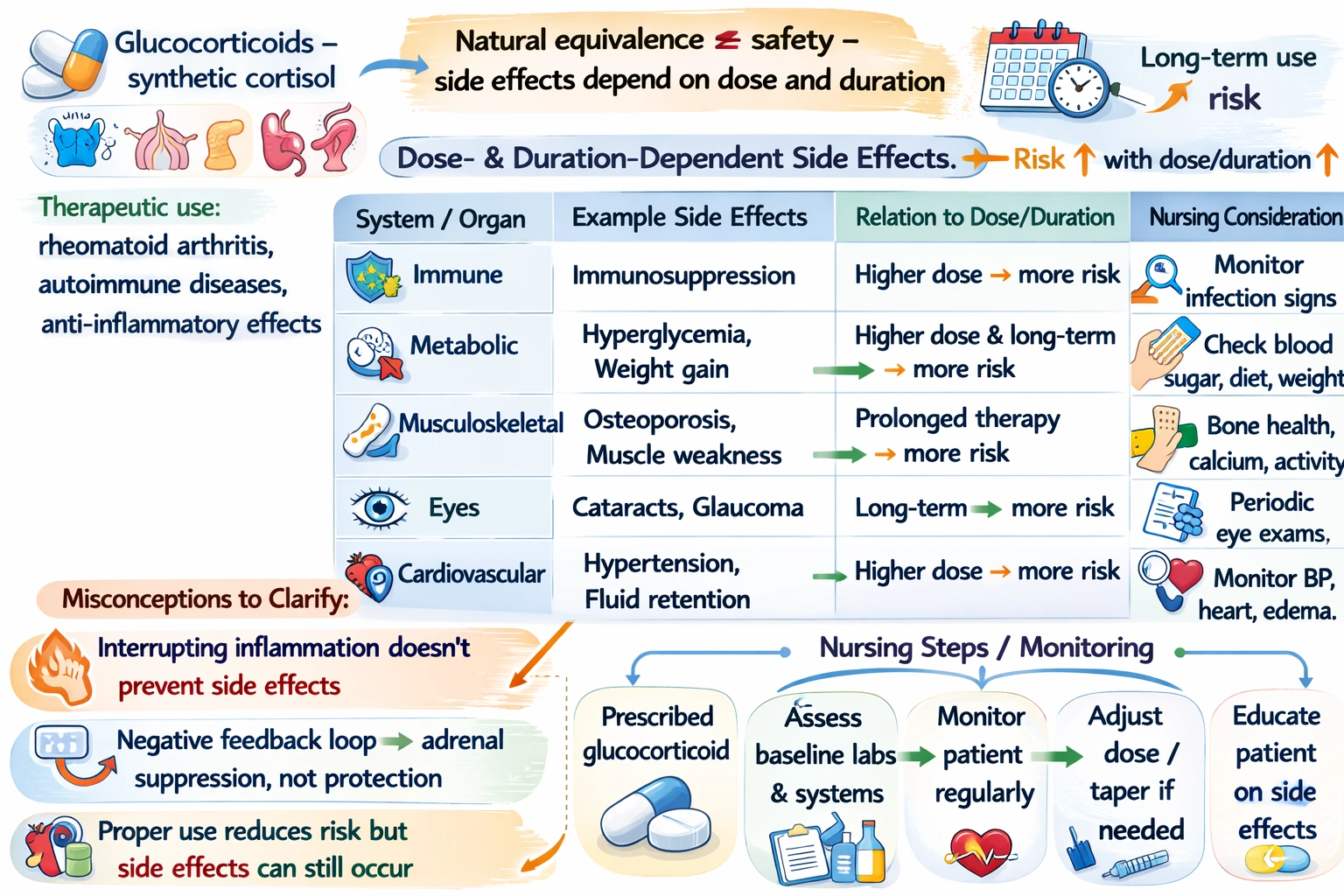 A nurse tells a nursing student glucocorticoids given for rheumatoid arthritis are nearly identical to substances produced naturally by the body. The student remarks that the drug must be very safe. Which response by the nurse is correct?