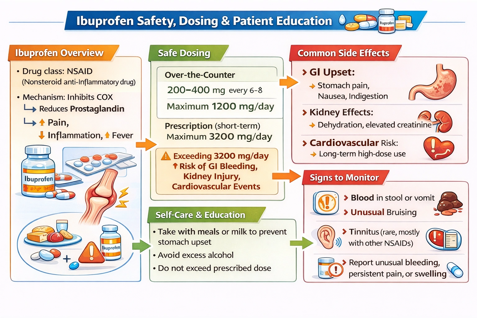 A nurse is providing teaching for an adult client with arthritis who has been instructed to take ibuprofen for discomfort. Which statement by the client indicates a need for further education?