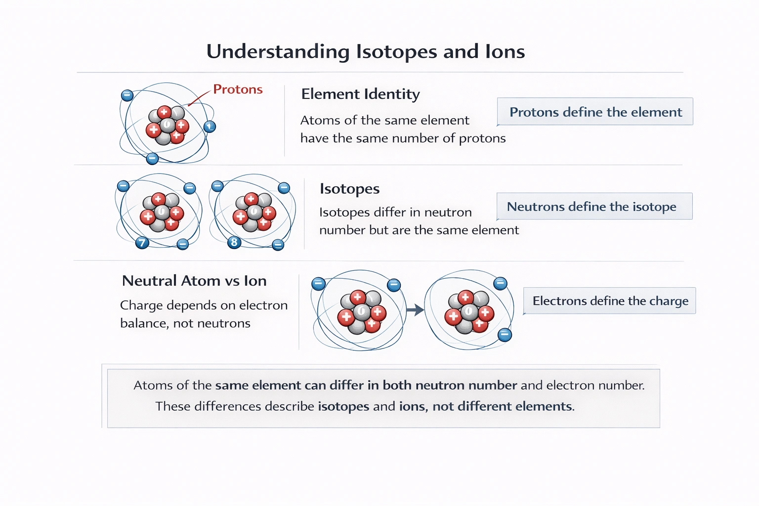 One isotope of a particular element is neutral, and a different isotope of that element is an ion. Which conclusion is correct?