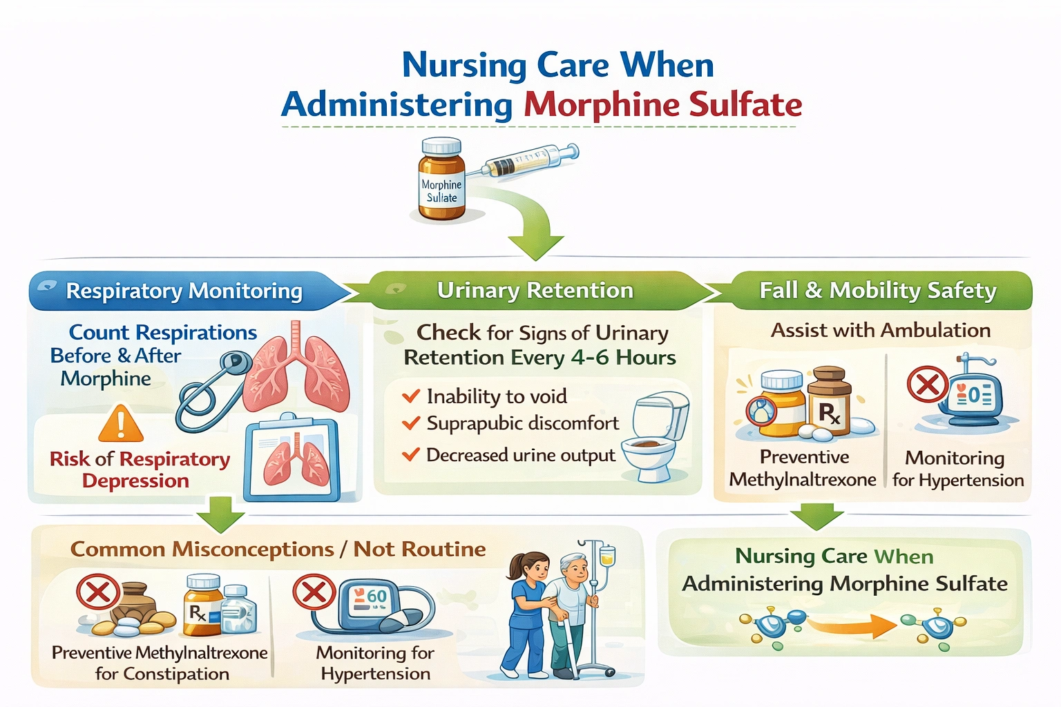 A nurse is administering morphine sulfate to a postoperative client. Which are appropriate routine nursing actions when giving this drug?