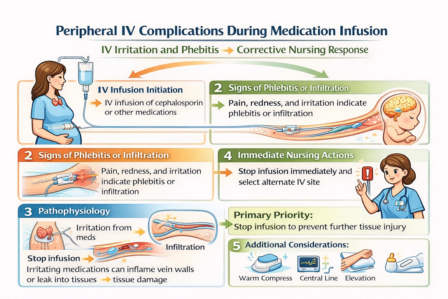 A client who is receiving a final dose of intravenous cephalosporin complains of pain and irritation at the infusion site. The nurse observes signs of redness at the intravenous site. What is the nurse's action?