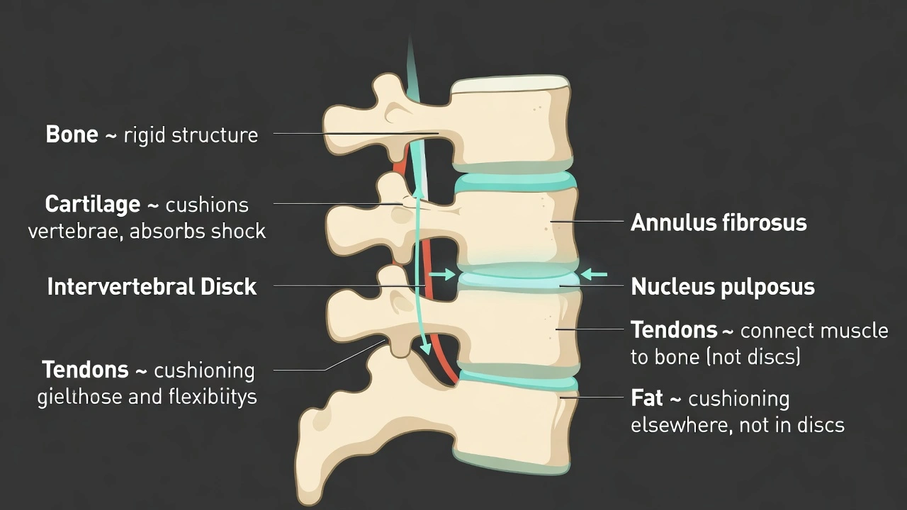 Which substance makes up the pads that provide support between the vertebrae?
