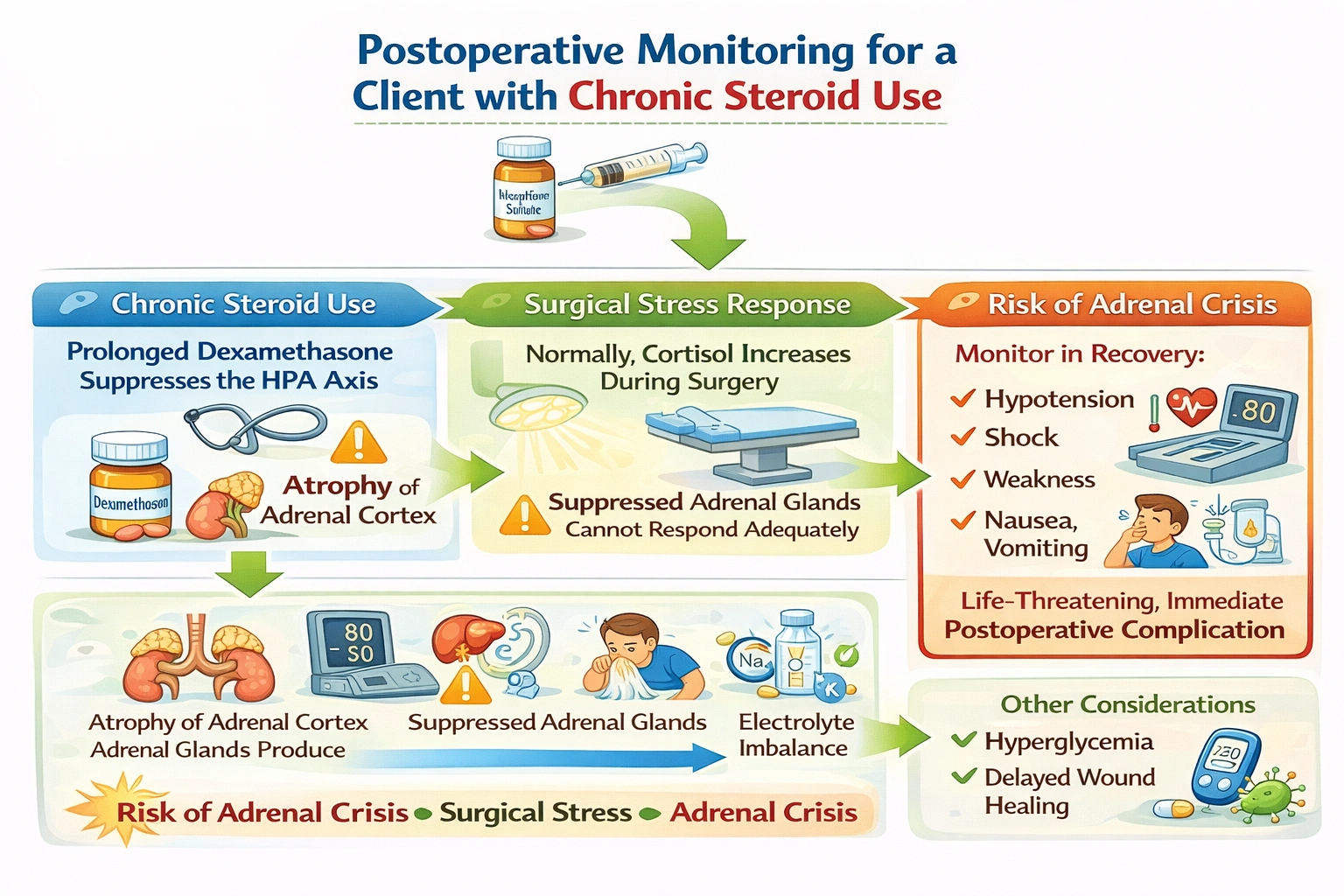 A client has had emergency surgery for a ruptured appendix. Before surgery, the client was taking dexamethasone for three years. With the client's steroid use history, for which complication will the nurse monitor in the recovery phase?