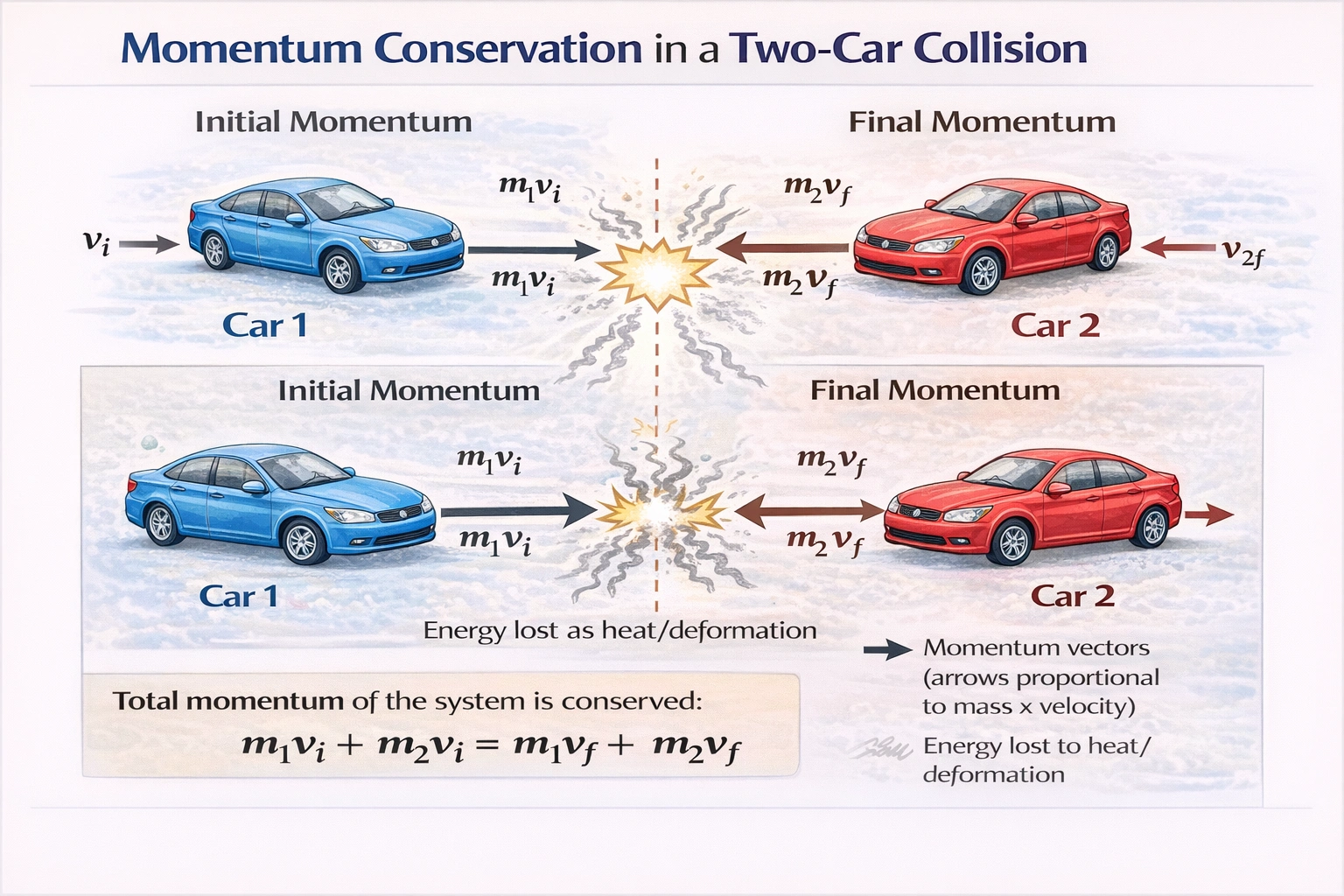 Two cars driving in opposite directions collide. If you ignore friction and any other outside interactions, which of the following statements is always true?