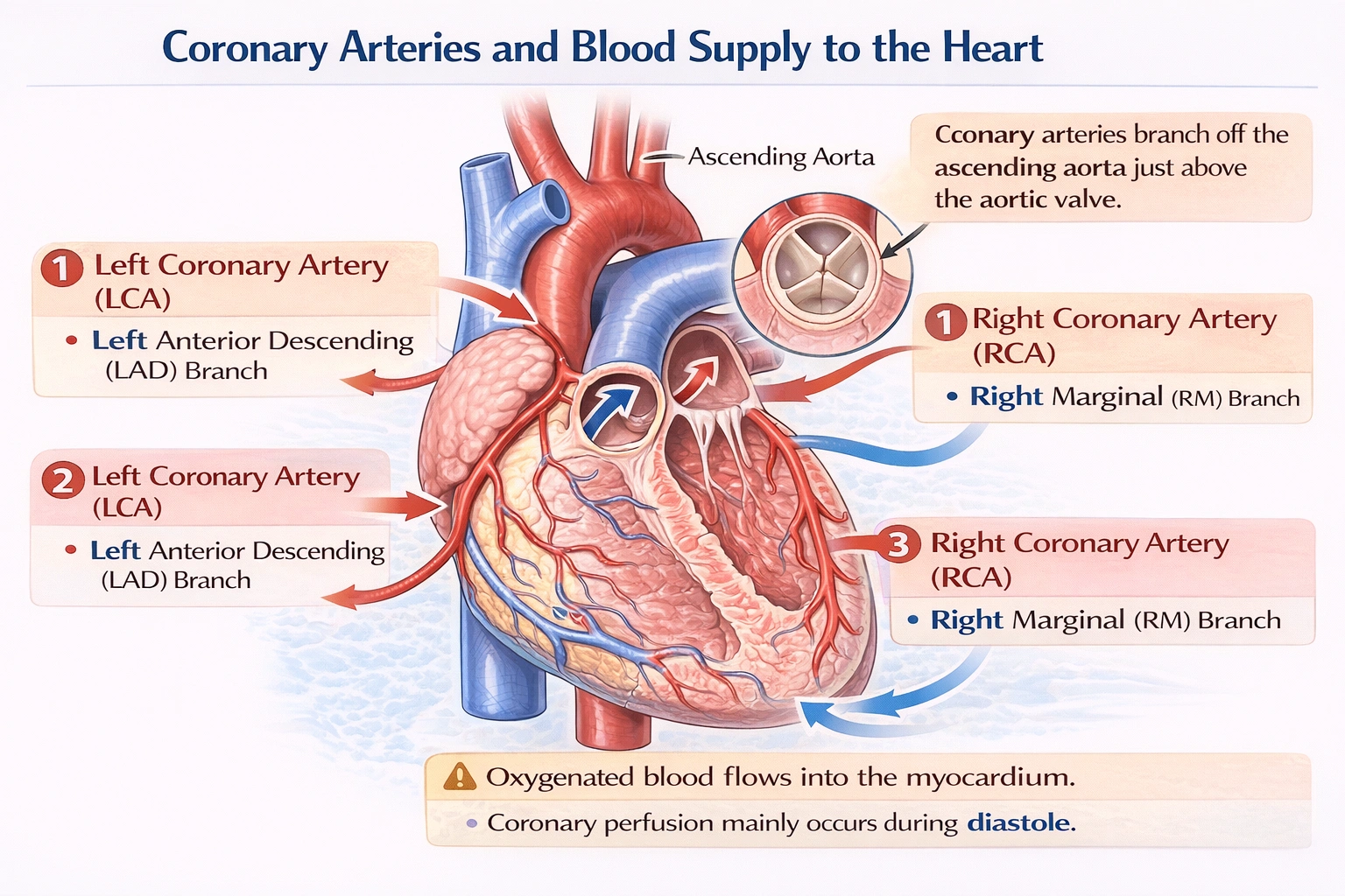 Coronary arteries branch off of the __________ to supply oxygenated blood to the heart.