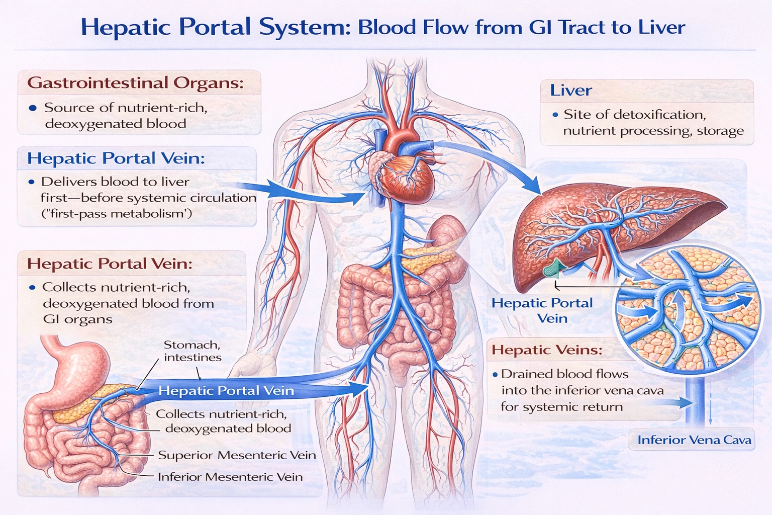 The hepatic portal system carries blood from the __________ to the __________.