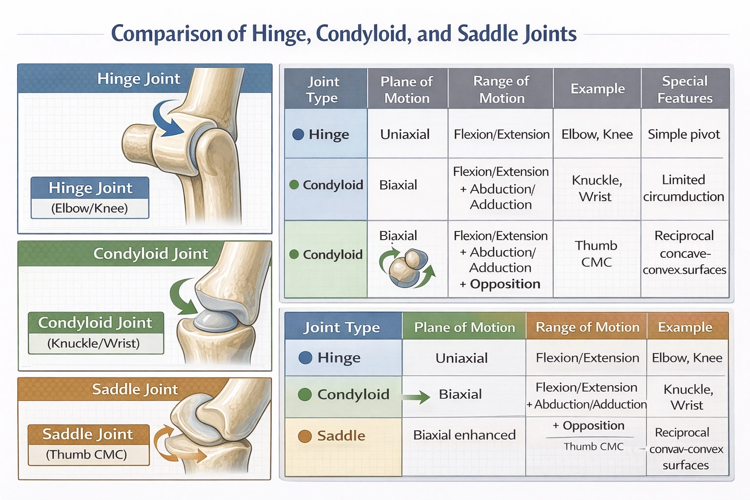 Which of the following lists of joint types is in the correct order for increasing amounts of permitted motion (least mobile to most mobile)?