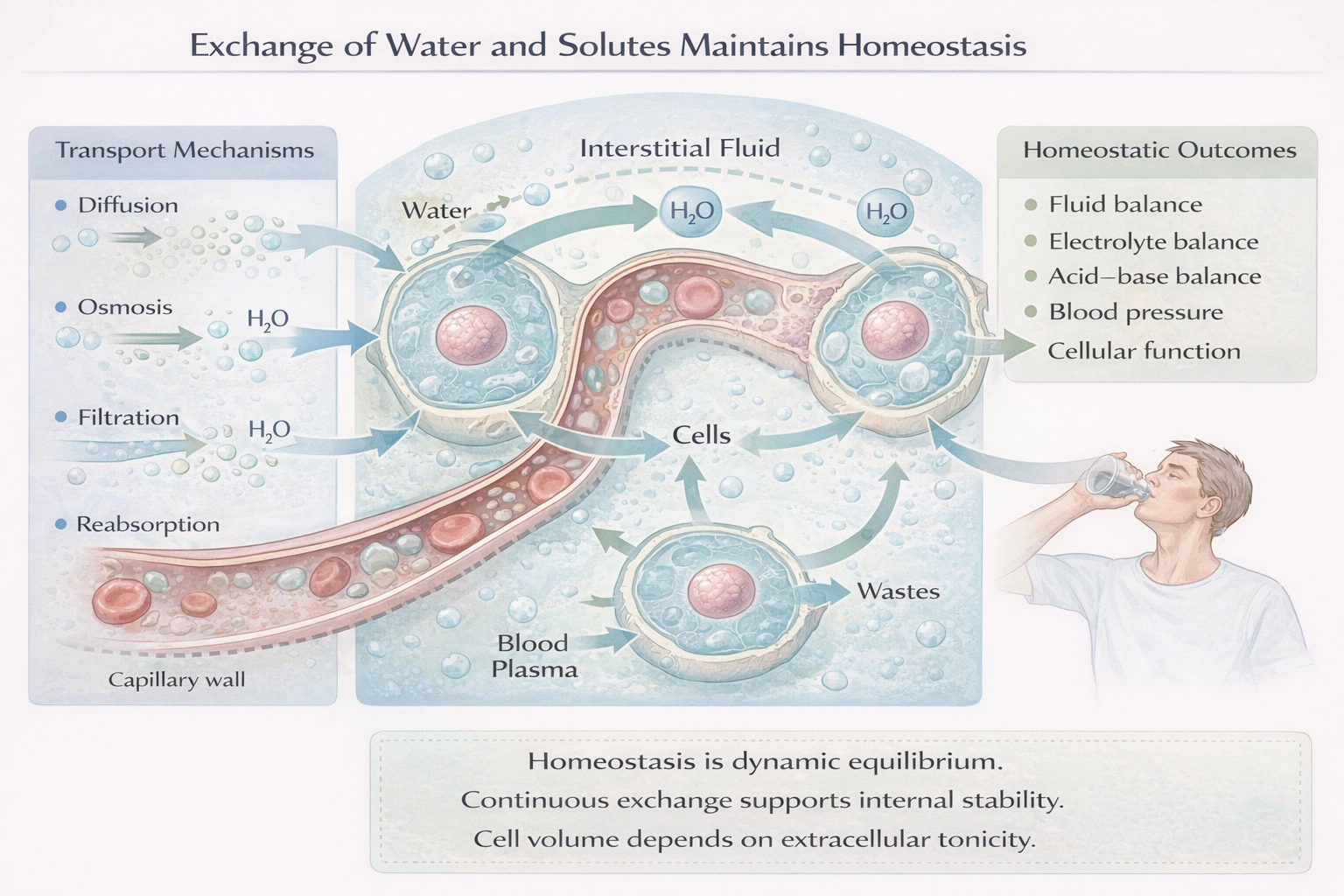 Water and solutes are in constant movement and exchange to assist in maintaining
