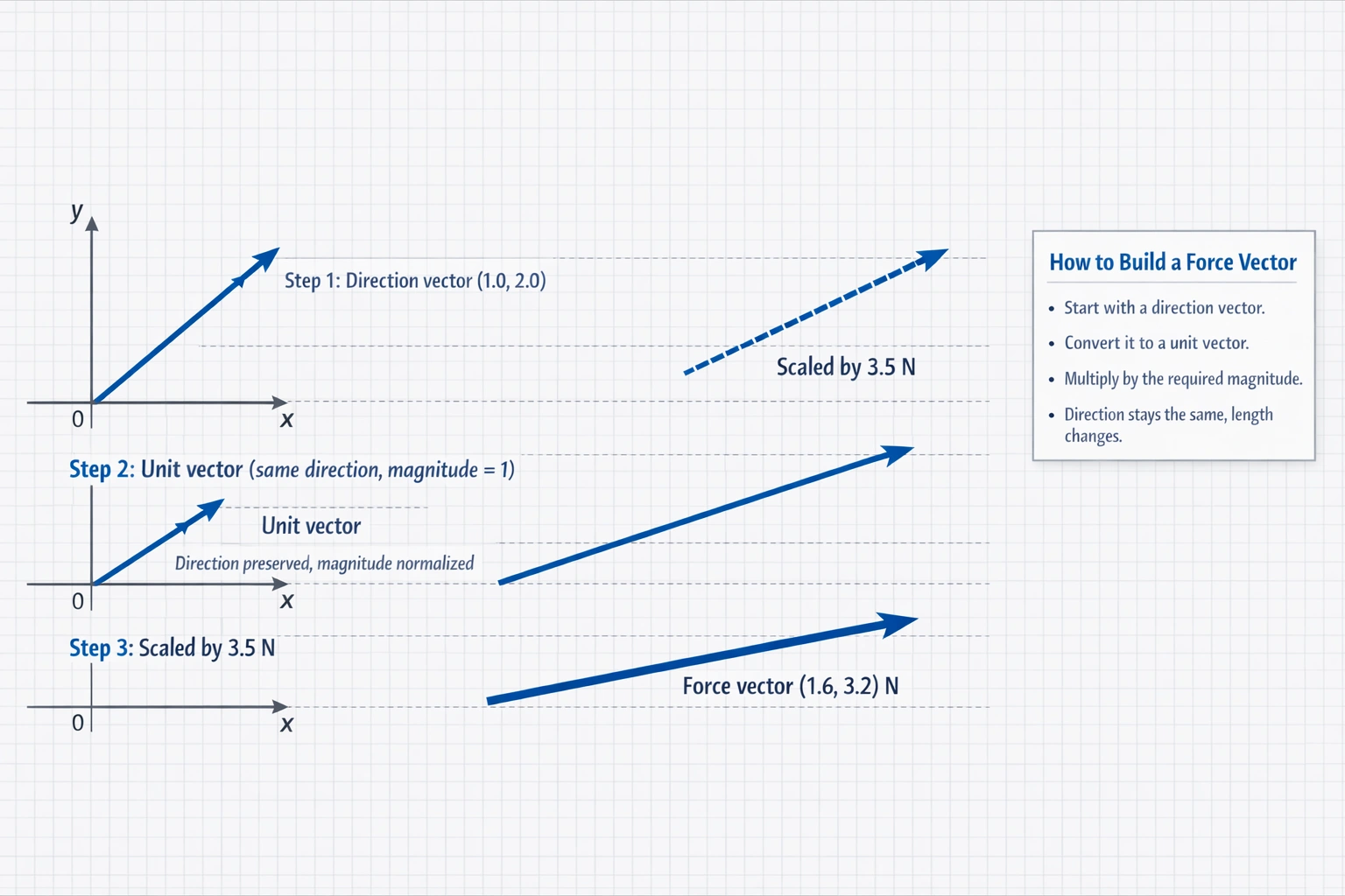 What is the force in the direction (1.0, 2.0) with a magnitude of 3.5 newtons?