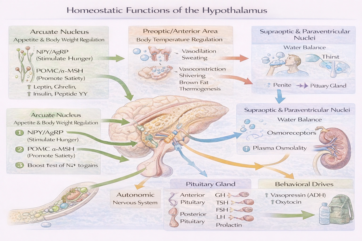 Appetite, regulation of body weight, body temperature, and water balance are associated with which of the following glands?