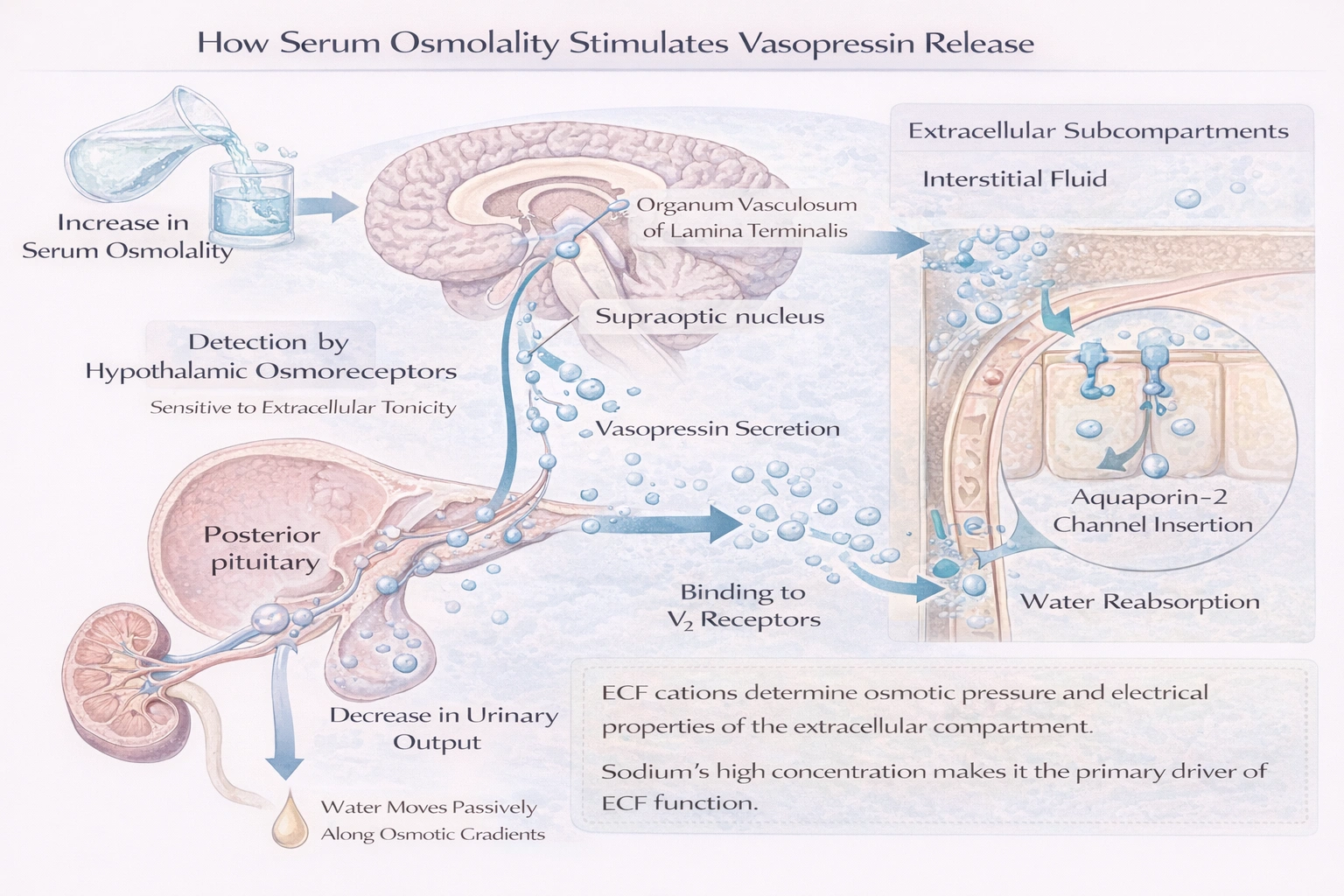 An increase in serum osmolality results in increased secretion of __________ from the pituitary gland, ultimately resulting in __________.