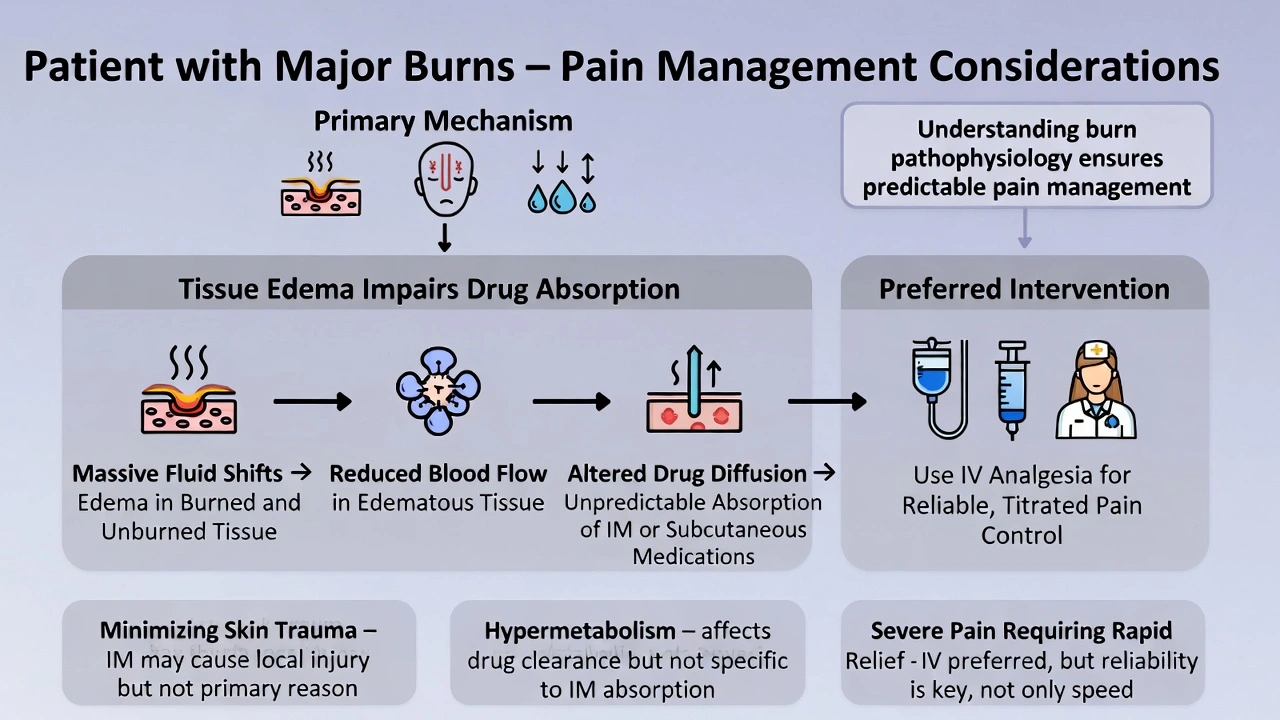 The nurse is managing the pain of a patient with burns. The provider has prescribed opiates to be given intramuscularly. The nurse contacts the provider to change the prescription to intravenous administration because: