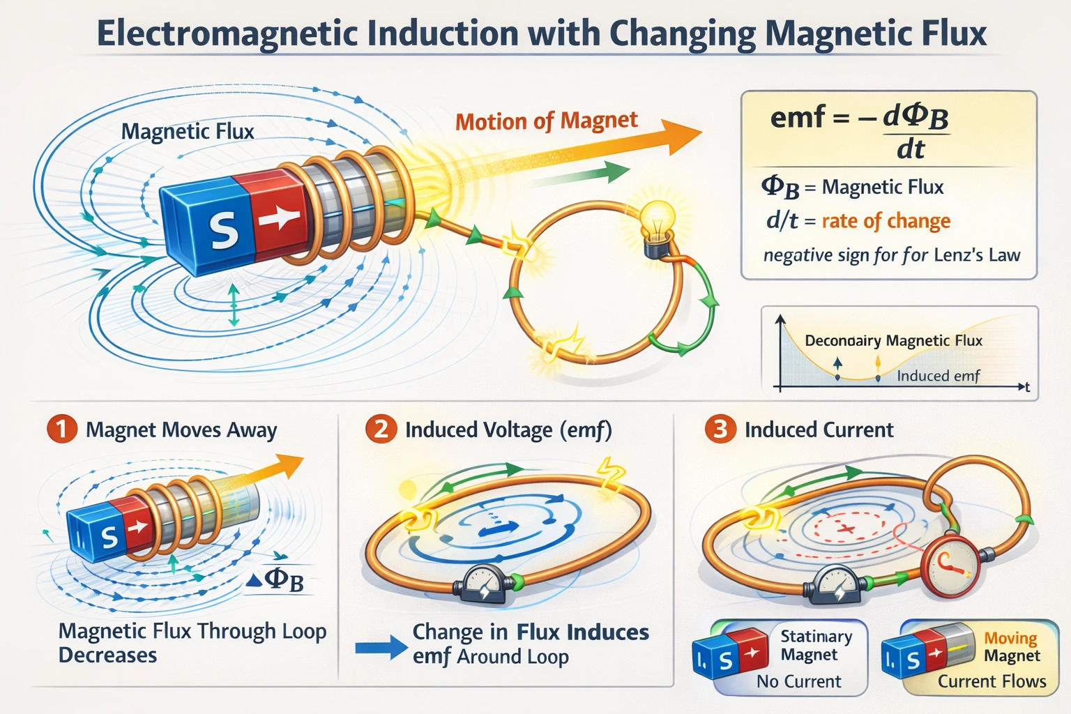 The magnetic flux near the end of a magnet is much greater than the magnetic flux farther away from the end. If the magnet moves away from a wire loop, what will happen?