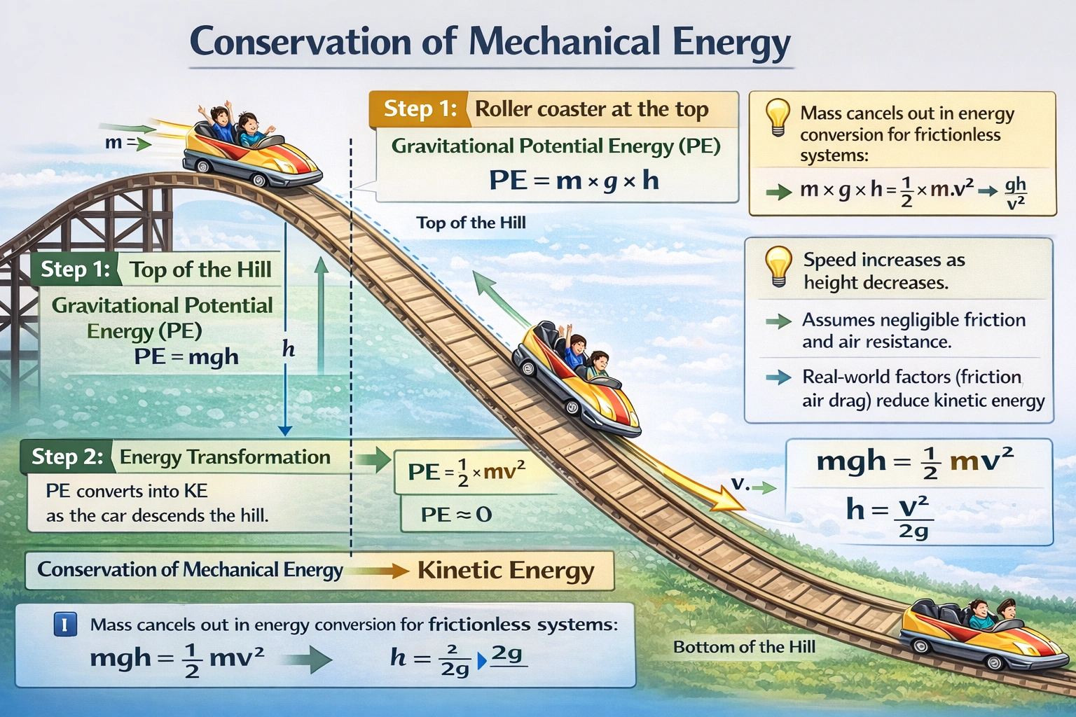 A roller coaster car loaded with riders has a mass of 1490 kg. The car reaches its top speed of 26.8 m/s at the bottom of the first hill (along ground level). What was the height of the previous hill?