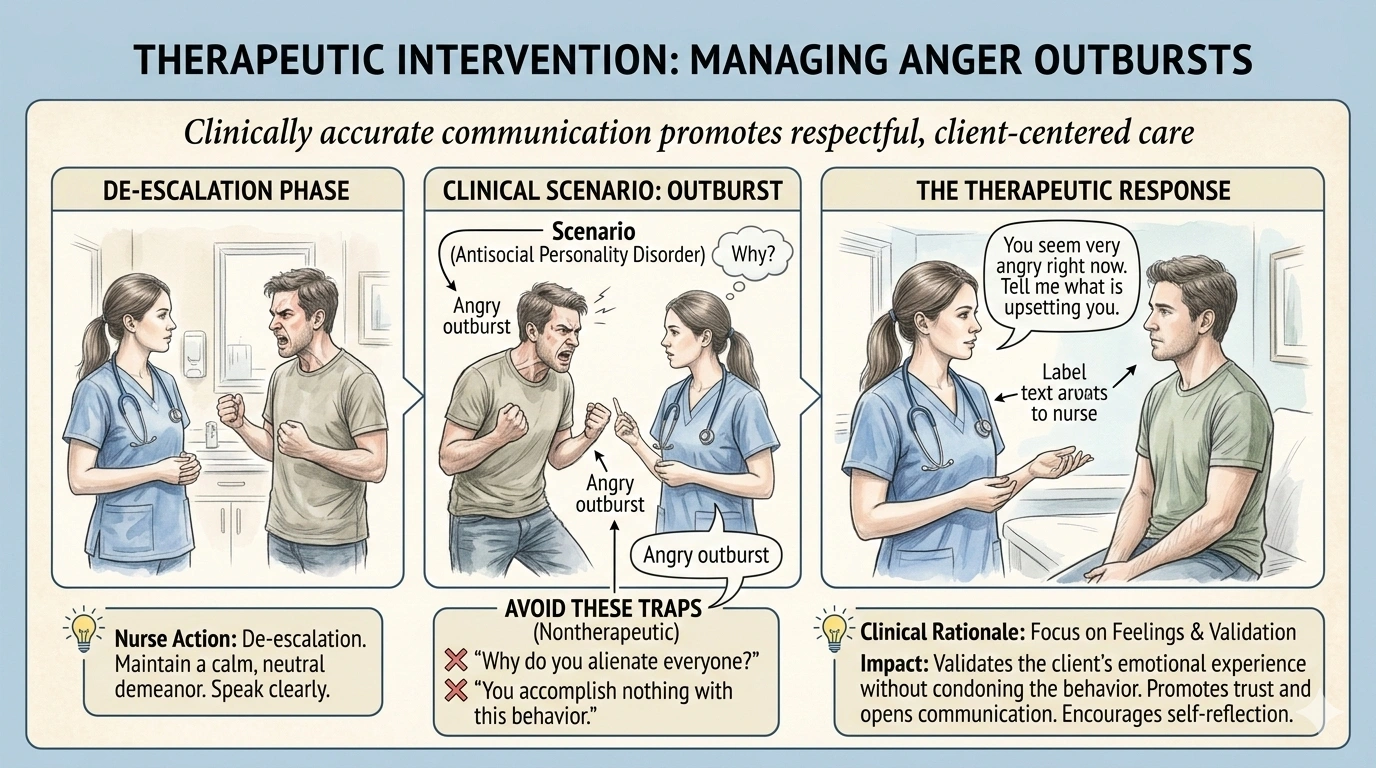 A client who frequently exhibits angry outbursts is diagnosed with antisocial personality disorder. Which appropriate feedback should a nurse provide when this client experiences an angry outburst?
