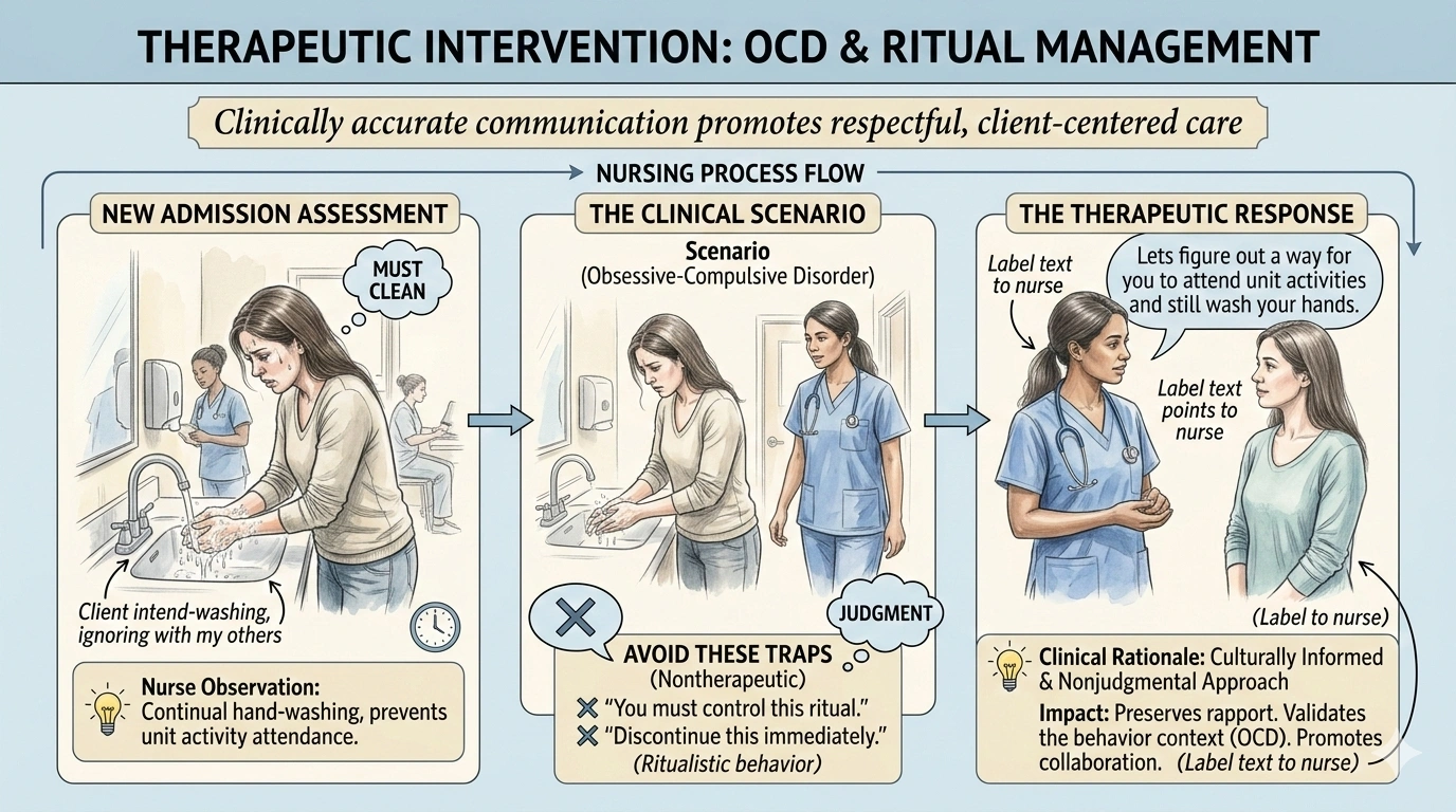 A newly admitted client diagnosed with obsessive-compulsive disorder (OCD) washes hands continually. This behavior prevents unit activity attendance. Which nursing statement best addresses this situation?
