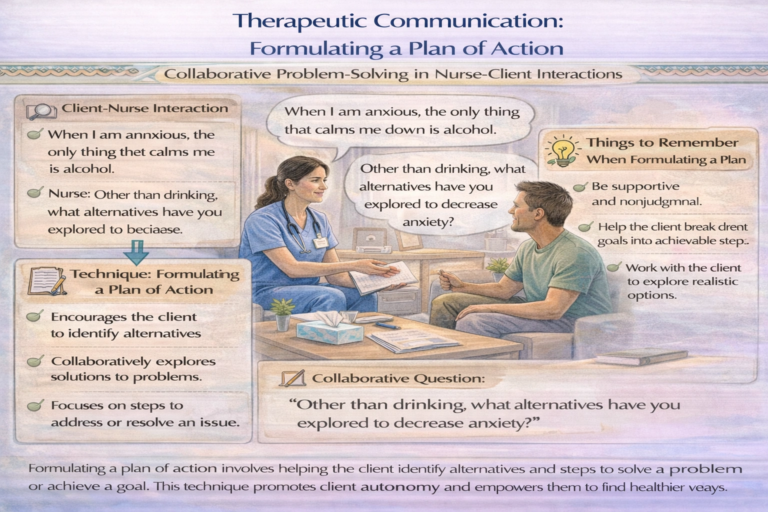 Which therapeutic communication technique is being used in this nurseclient interaction? Client: When I am anxious, the only thing that calms me down is alcohol. Nurse: Other than drinking, what alternatives have you explored to decrease anxiety?