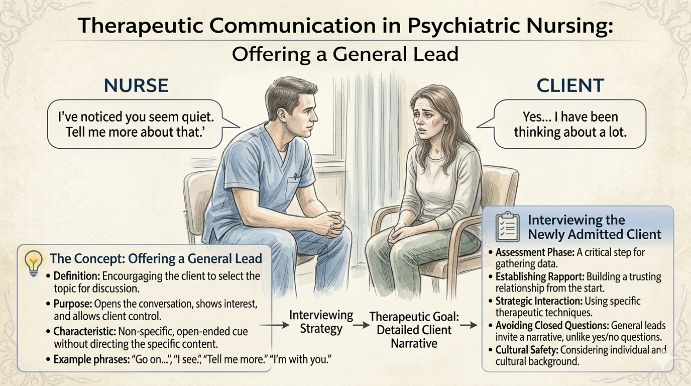 The nurse is interviewing a newly admitted psychiatric client. Which nursing statement is an example of offering a general lead?