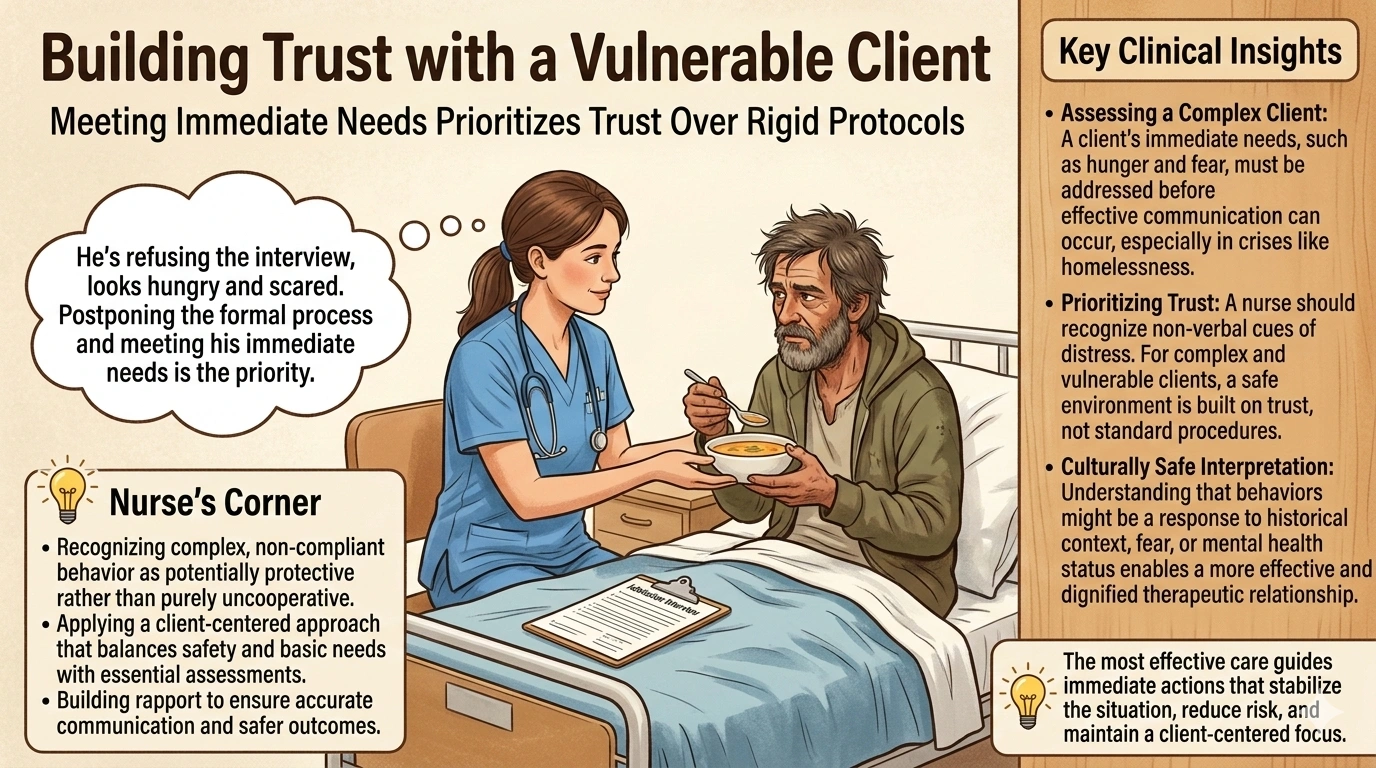 A hungry, homeless client, diagnosed with schizophrenia, refuses to participate in an admission interview. When the nurse postpones the admission interview, verbally assures safety, and provides a warm meal, he or she is promoting which of the following?