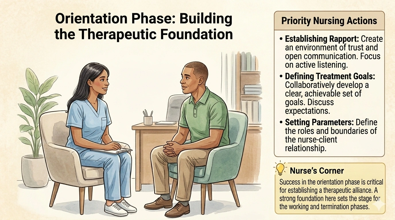 What is the priority nursing action during the orientation (introductory) phase of the nurseclient relationship?