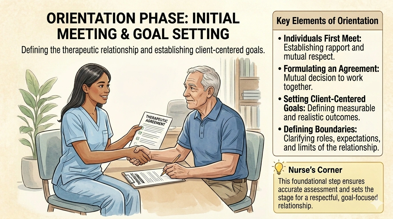 Which phase of the nurseclient relationship begins when the individuals first meet and is characterized by an agreement to continue to meet and work on setting client-centered goals?