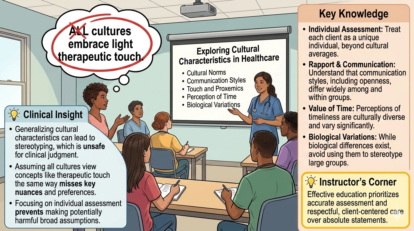A nursing instructor is teaching about cultural characteristics. Which statement by the student indicates the need for further instruction?