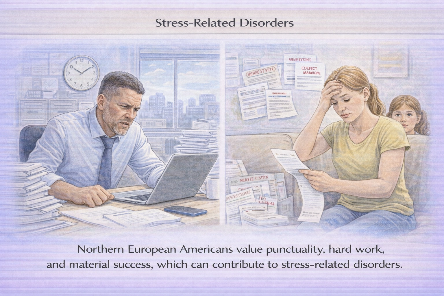 Northern European Americans value punctuality, hard work, and the acquisition of material possessions and status. A nurse should recognize that these values may contribute to which form of mental disorders?