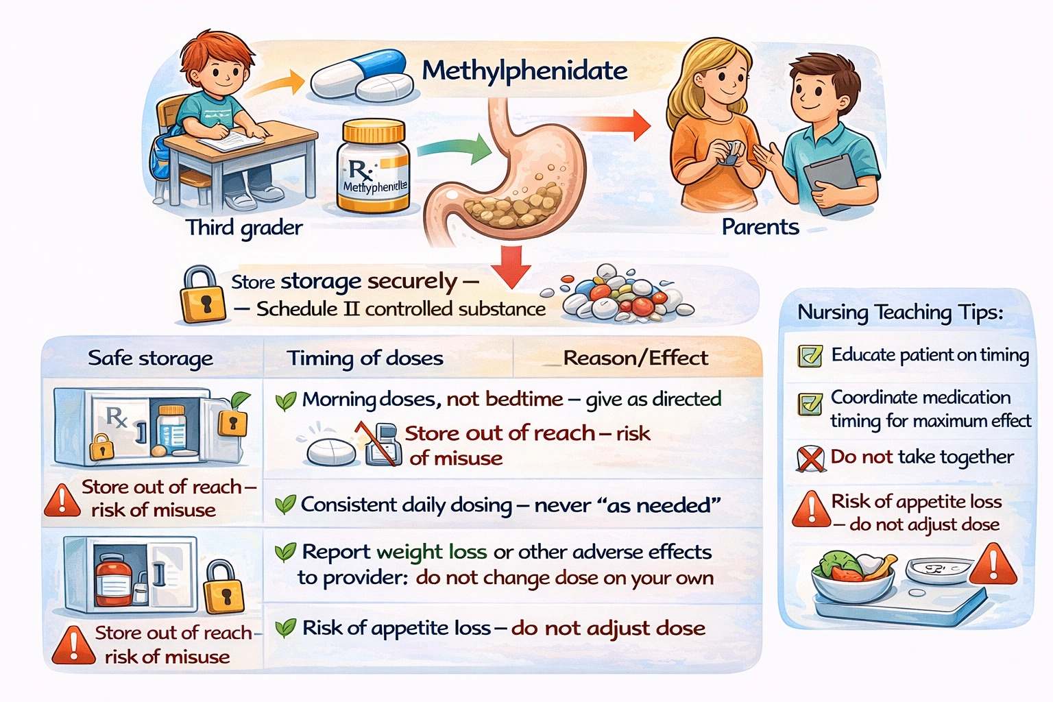 A third grader is starting methylphenidate. What counseling should the nurse provide for the child's parents?