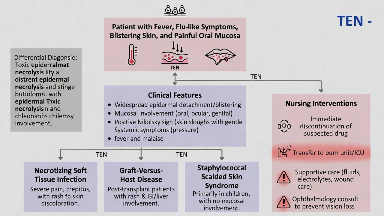 A 63-year-old patient is admitted with new-onset fever; flulike symptoms; blisters over the arms, chest, and neck; and red, painful oral mucous membranes. The patient should be further evaluated for which possible non-burn-injured skin disorder?