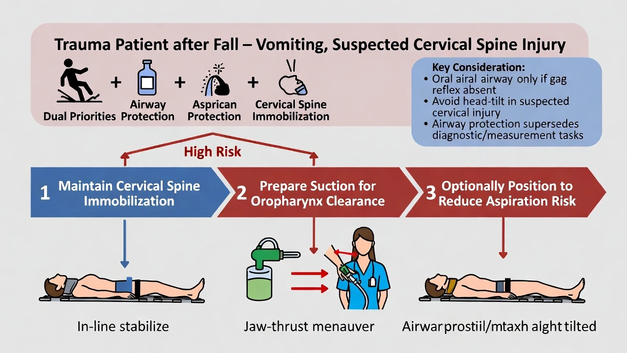 The nurse has admitted a patient to the ED following a fall from a first-floor hotel balcony. The patient smells of alcohol and begins to vomit in the ED. Which of the following interventions is most appropriate?