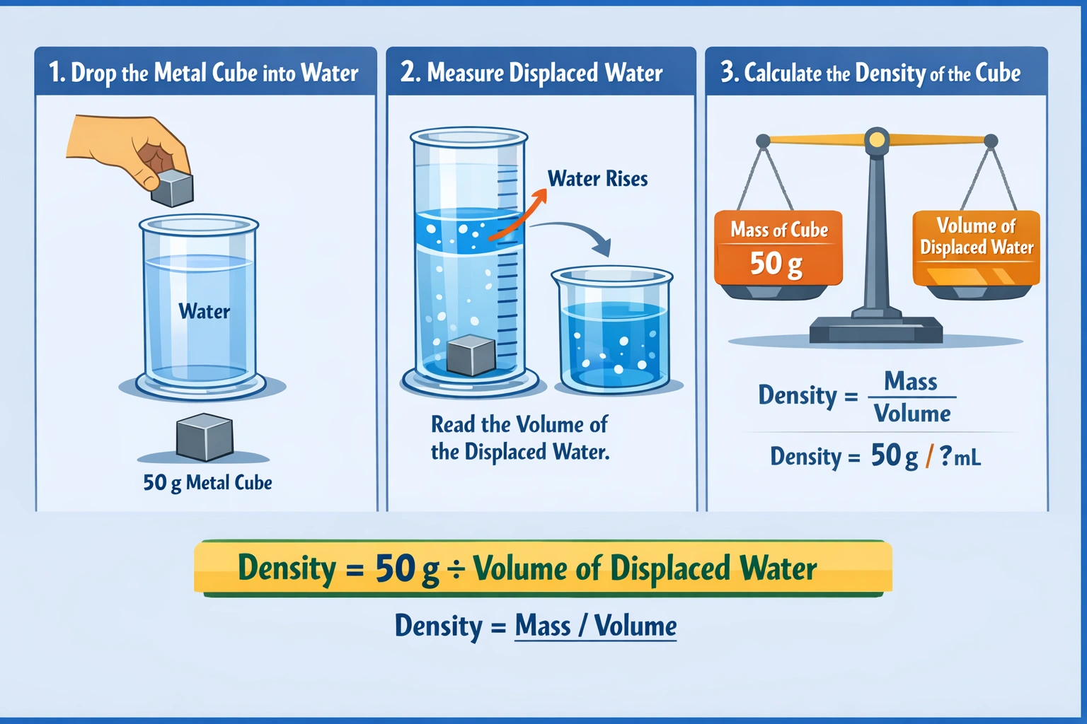You drop a 50-g metal cube into a cylinder of water. How can you use displacement to find the density of the cube?