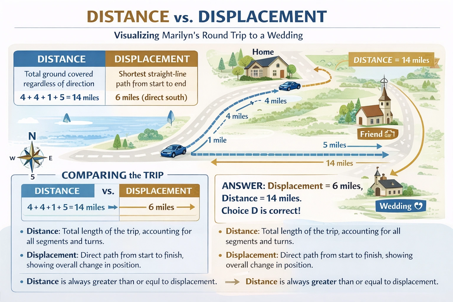 Marilyn is driving to a wedding. She drives 4 miles south before realizing that she left the gift at home. She makes a U-turn, returns home to pick up the gift, and sets out again driving south. This time, she drives 1 mile out of her way to pick up a friend. From there, they continue 5 miles more to the wedding. Which of these statements is true about Marilyn's trip?
