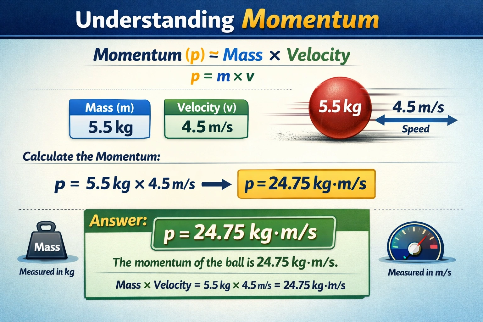 If a 5.5-kg ball is moving at 4.5 m/s, what is its momentum?