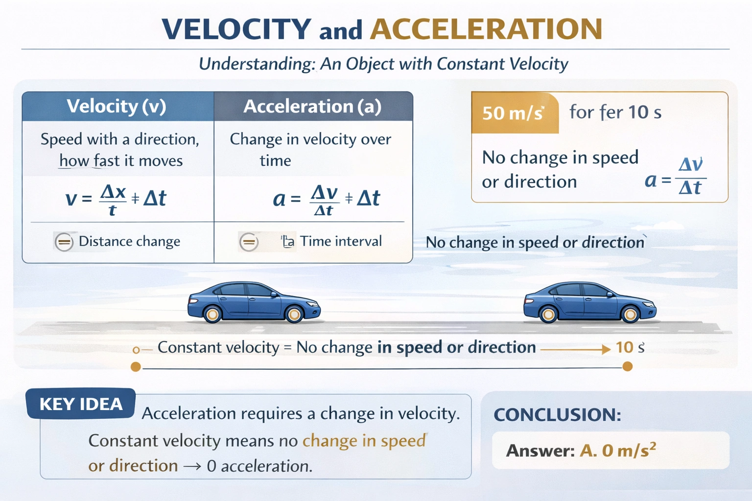 An object has a constant velocity of 50 m/s and travels for 10 s. What is the acceleration of the object?