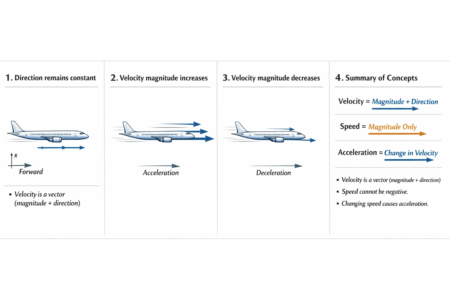 If a plane has a velocity that changes but is always in the same direction, which statement about its speed is true?