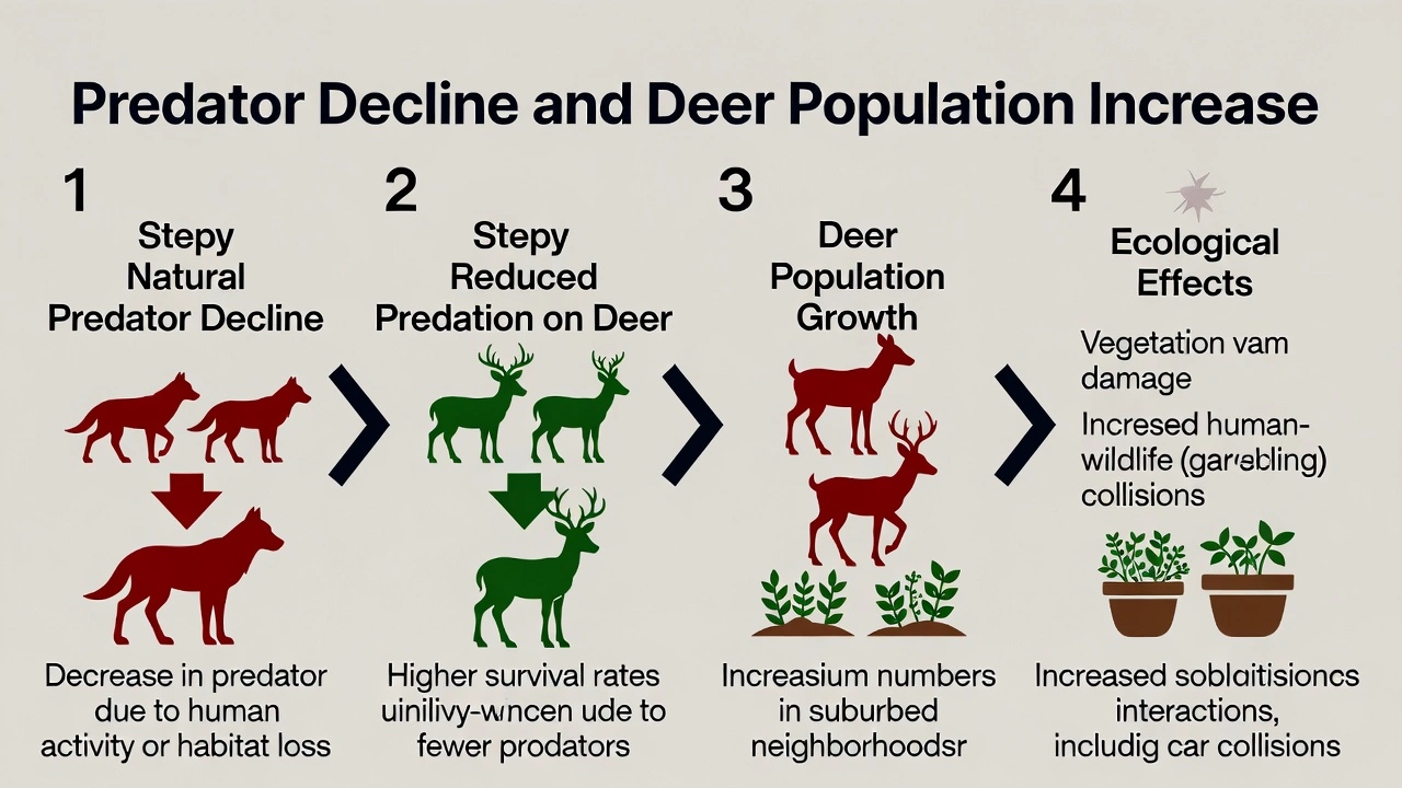 In the suburban neighborhood of Northwoods, there have been large populations of deer, and residents have complained about them eating flowers and garden plants. What would be a logical explanation, based on observations, for the large increase in the deer population over the last two seasons?