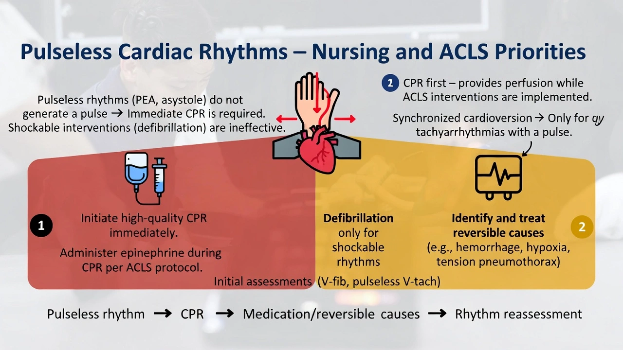 While caring for a patient who is experiencing a postoperative hemorrhage, the healthcare provider notes the rhythm observed on the electrocardiogram (EKG) does not produce a pulse. Which actions should the healthcare provider initiate first?