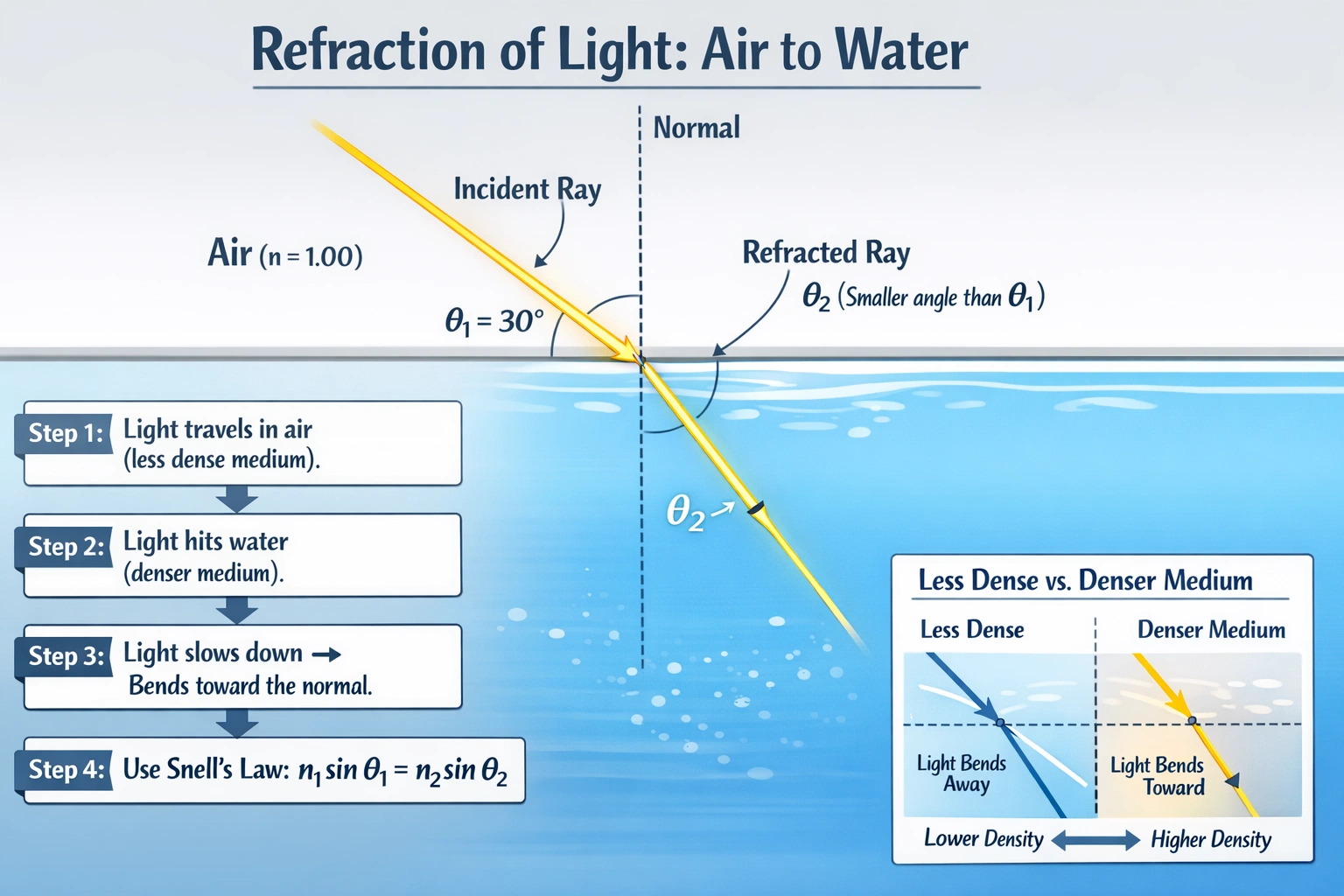 A ray traveling in air strikes water at an angle of 30.0? from the normal. What will its angle be in the water? (Assume air has a refractive index of 1.00 and water has a refractive index of 1.30.)