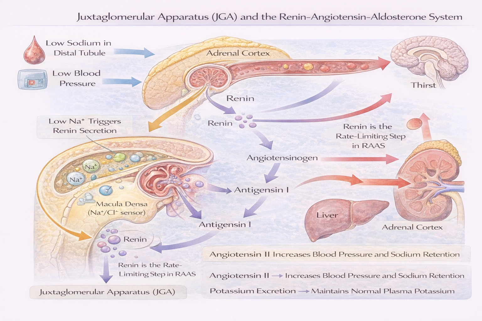 What substance is released from the juxtaglomerular apparatus in the nephron when the concentration of sodium in the blood is low?
