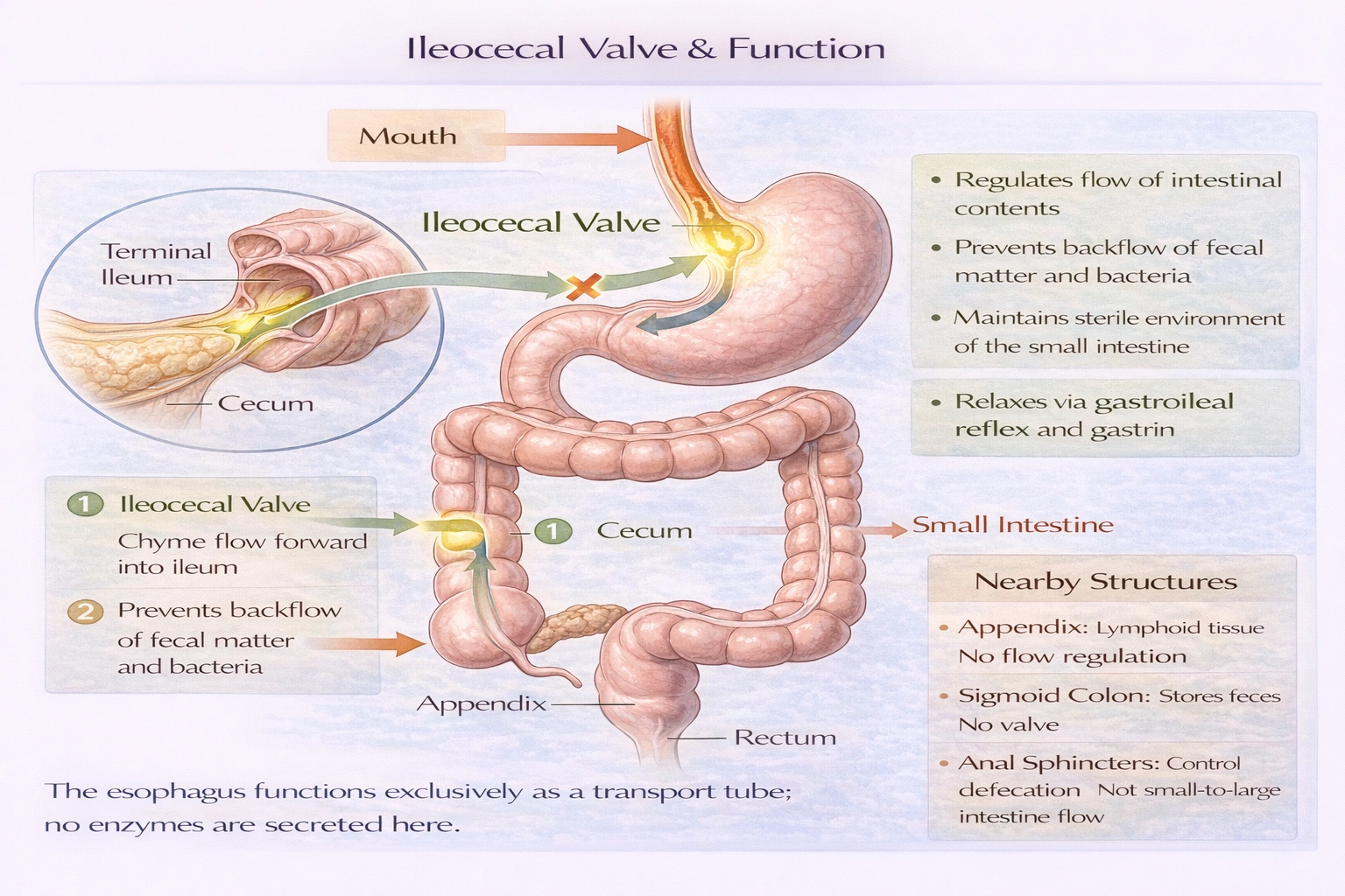 What valve prevents the return of feces to the small intestine?