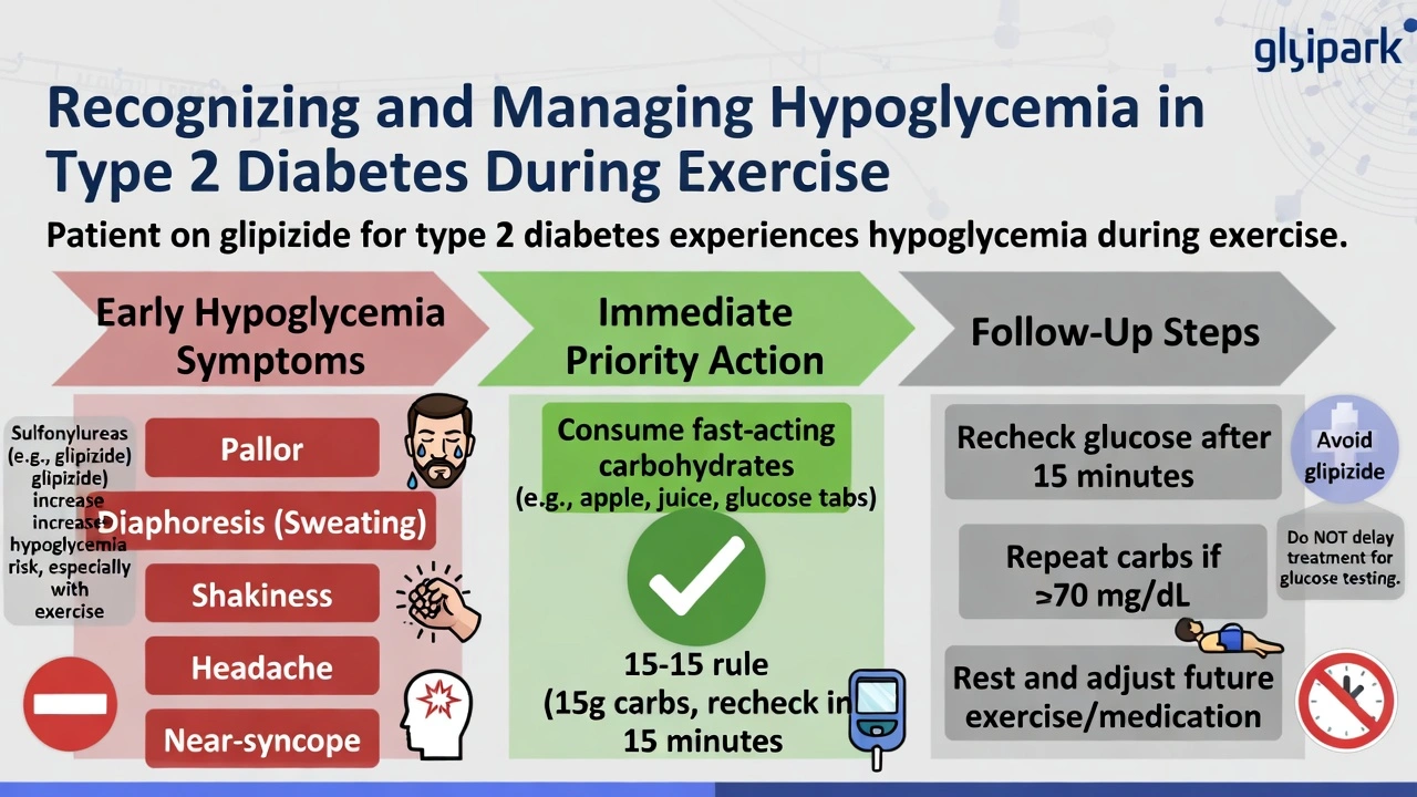 An individual with type 2 diabetes who takes glipizide has begun a formal exercise program at a local gym. While exercising on the treadmill, the individual becomes pale, diaphoretic, shaky, and has a headache. The individual feels as though she is going to pass out. What is the individual's priority action?