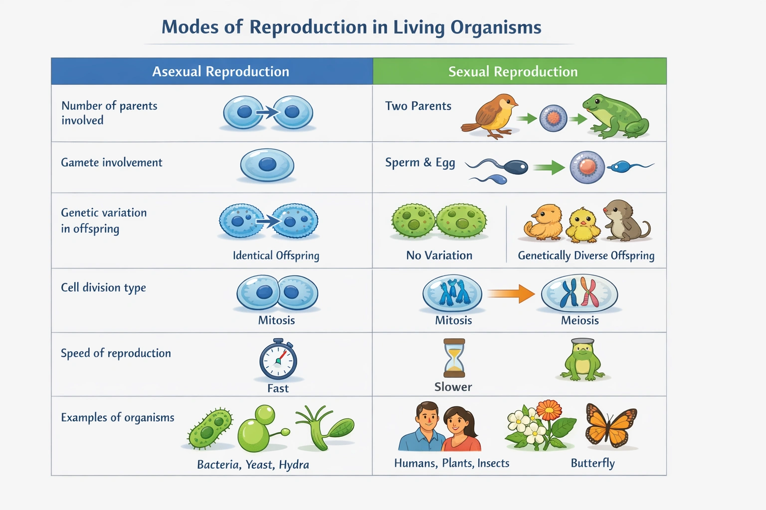 Types of reproduction are

1.  Asexual requiring a single parent
2.  Asexual requiring two parents
3.  Sexual requiring two parents
4.  Sexual requiring one parent