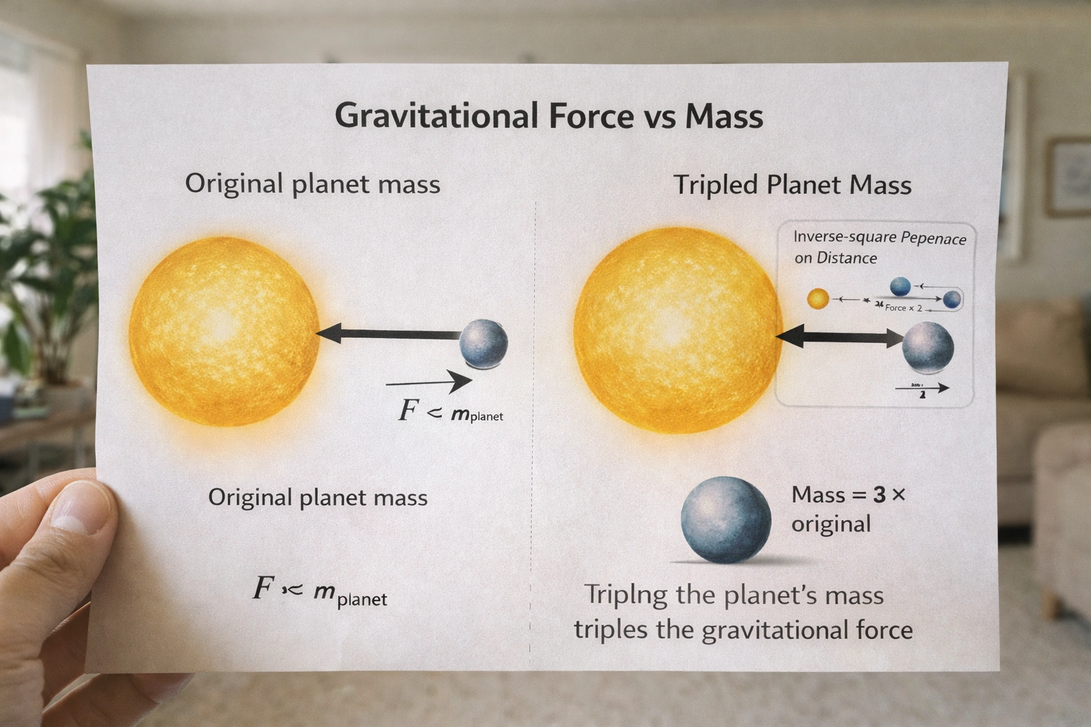 According to Newton's equation for universal gravitation, if the mass of a planet near the sun were tripled,