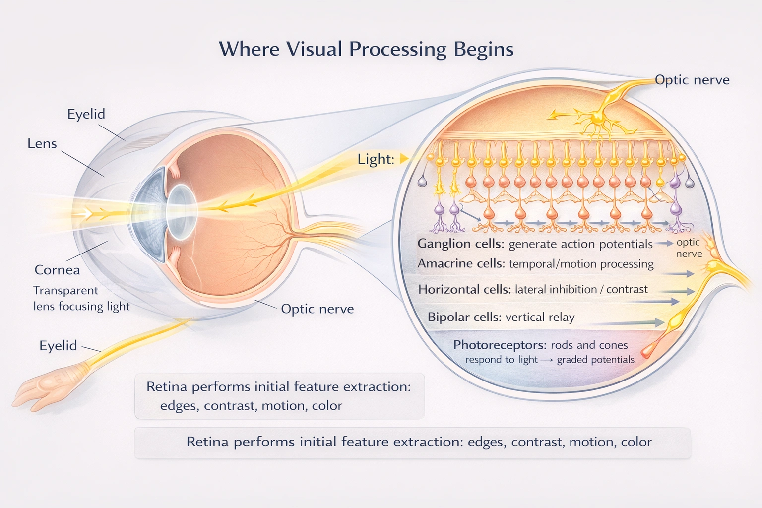 In which part of the eye does visual processing begin?
