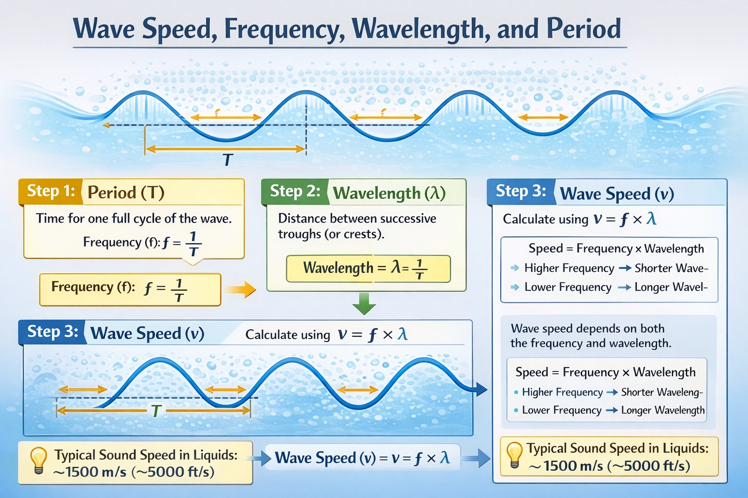 Successive troughs of a sound wave arrive through a certain liquid every 0.040 seconds. If they are 100 feet apart, how fast are they traveling?